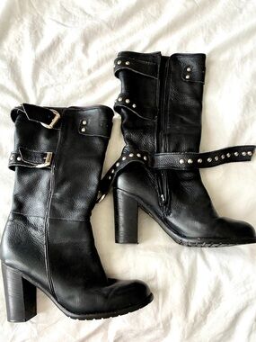 Black Studded Leather Mid-Calf Heeled Boots - Women